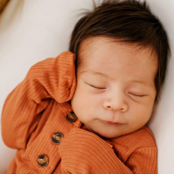 knotted-baby-gown-ribbed-rust Presley Couture at Sophia's Style-Baby Gowns-1